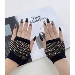 Women’s Punk Fishnet Rhinestone Fingerless Gloves Gothic Short Half Finger Sleev